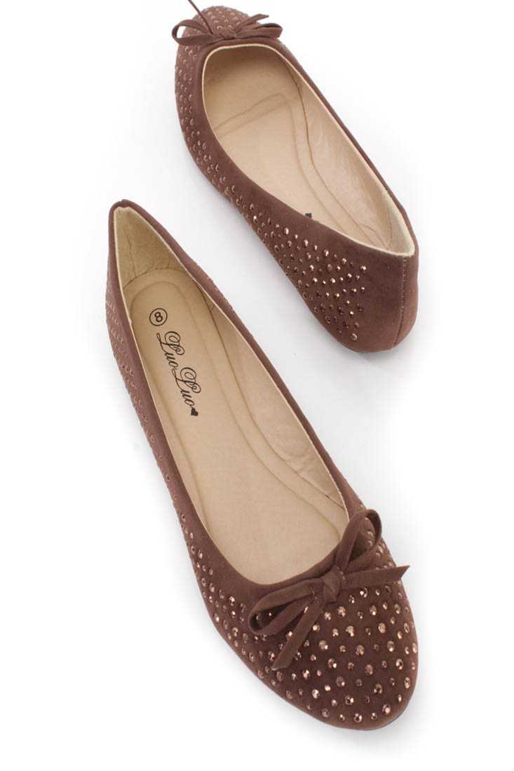Brown Rhinestone Bow Tie Ballet Flats Faux Suede