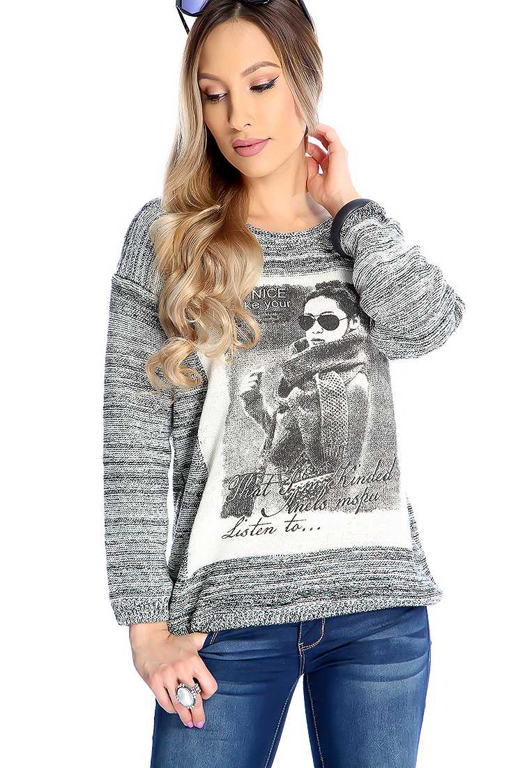 Black Ivory Long Sleeve Burn Out Graphic Knit Casual Sweater