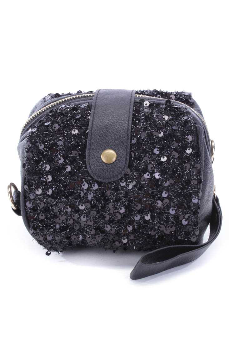Black Faux Leather Sequin Mini Handbag