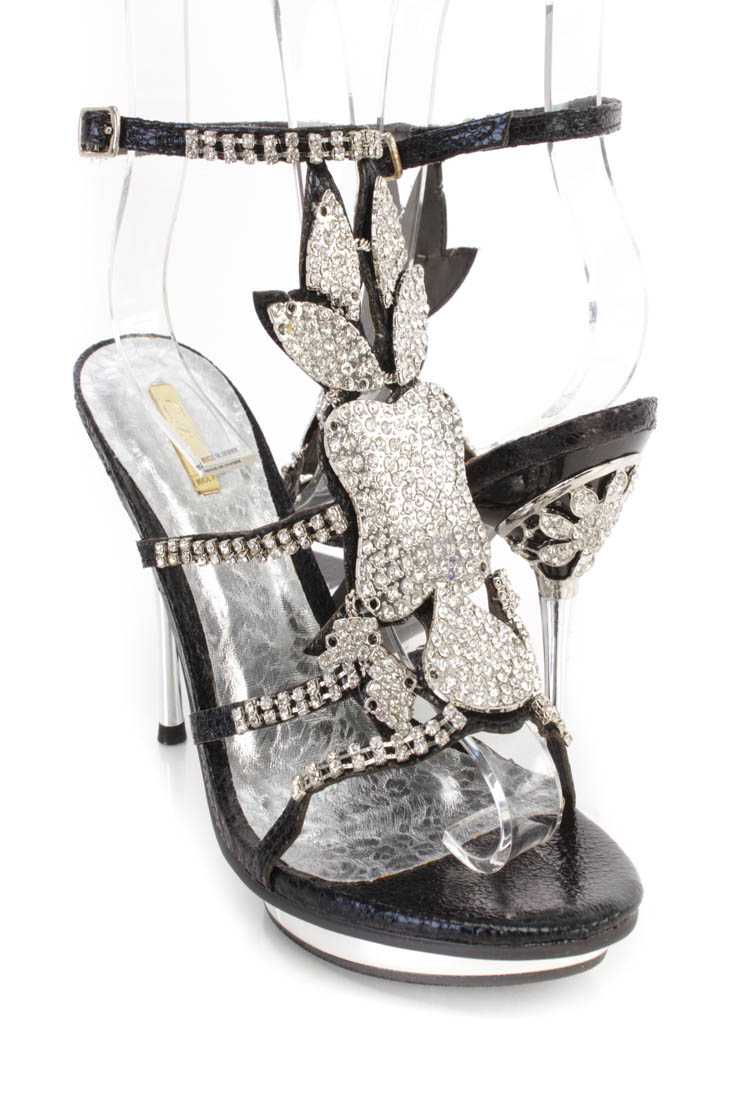 Black Rhinestone Pendant Strappy Heels Faux Leather