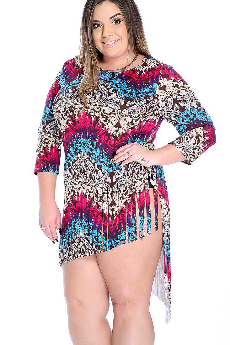 Blue Fuchsia Fringe Hem Damask Print Plus Size Top