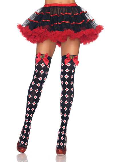 BLACK WHITE RED ROYAL DIAMOND HEART BOW CROWN CHARM THIGH HIGH STOCKINGS