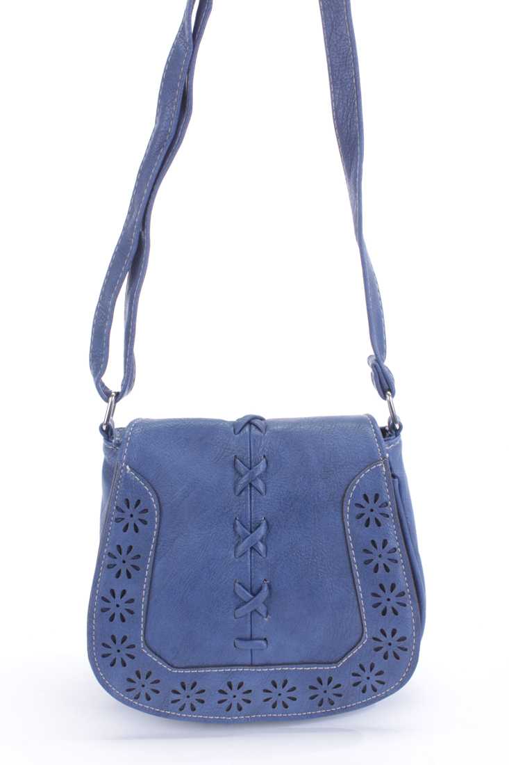 Navy Perforated Floral Accent Faux Leather Saddle Handbag