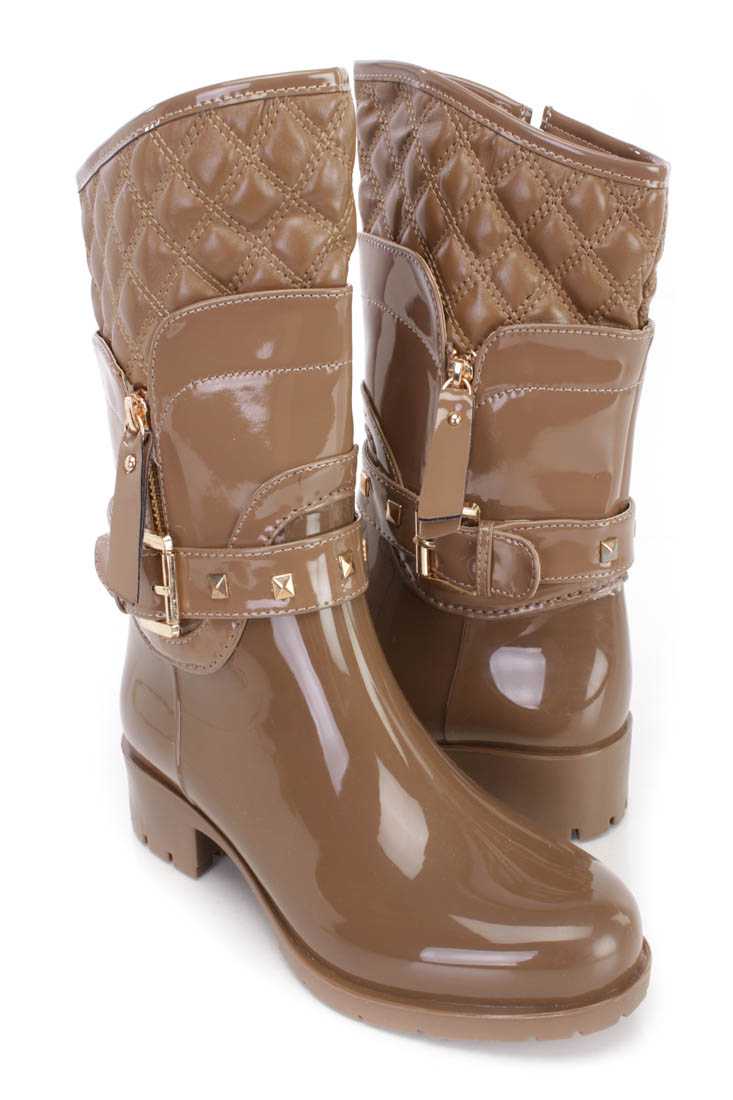 Khaki Stitched Quilted Trim Rain Boots PVC