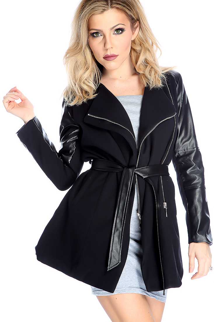 Black Faux Leather Long Sleeve Waist Tie Jacket