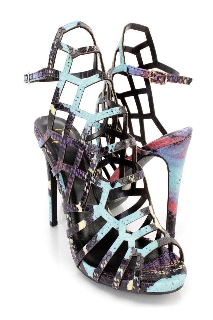 Aqua Watercolor Print Strappy Single Sole High Heels Faux Leather