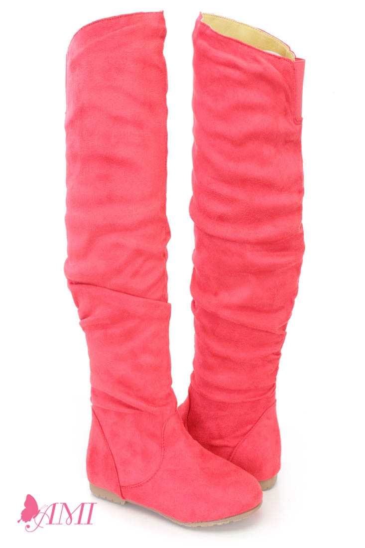 Coral Slouchy Shaft Thigh High Boots Faux Suede