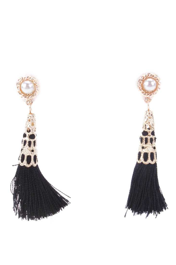 Black High Polish Intricate Shimmer Beaded Tassel Earrings