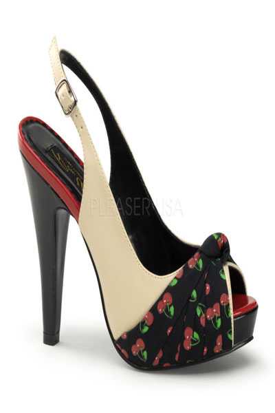 Cream Black Faux Leather Slingback Printed Fabric High Heels