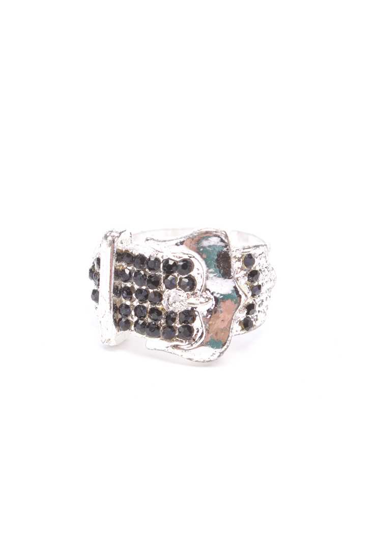 Silver Black High Polish Belt Buckle Rhinestone Ring