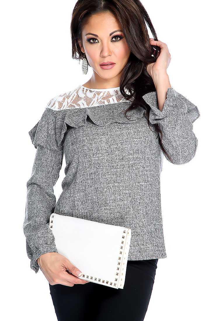 Charcoal Long Sleeve Lace Detail Dressy Top