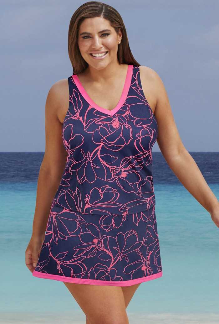 Navy/Coral Flower Skirtini Swim Set