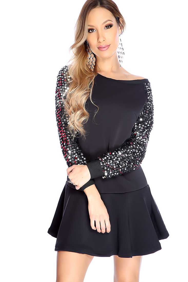 Sexy Black Sequins Long Sleeve A-line Party Dress