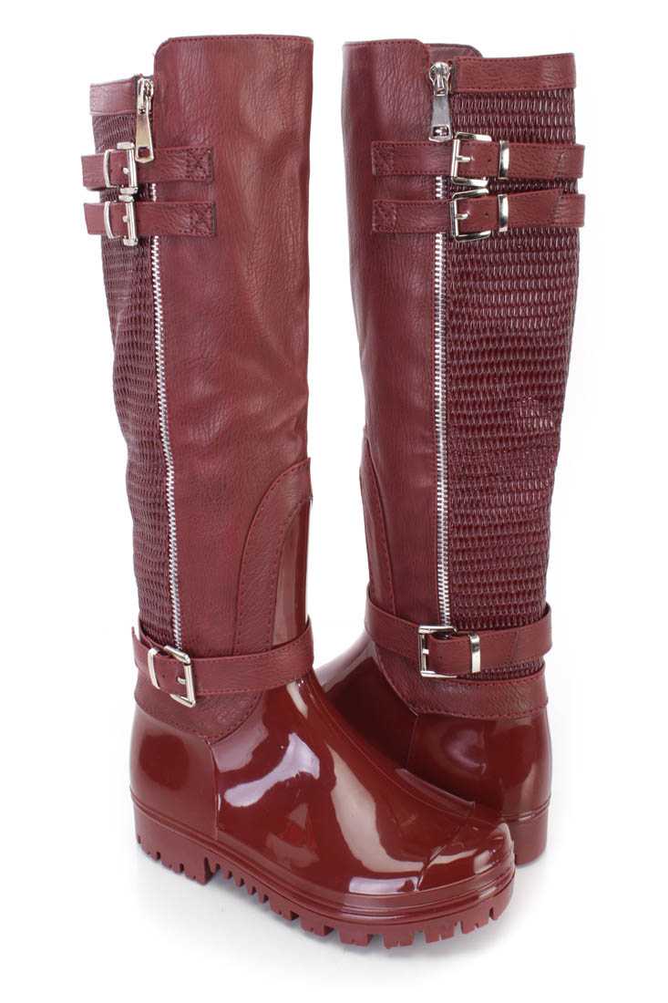 Wine Strappy PVC Rain Riding Boots Faux Leather