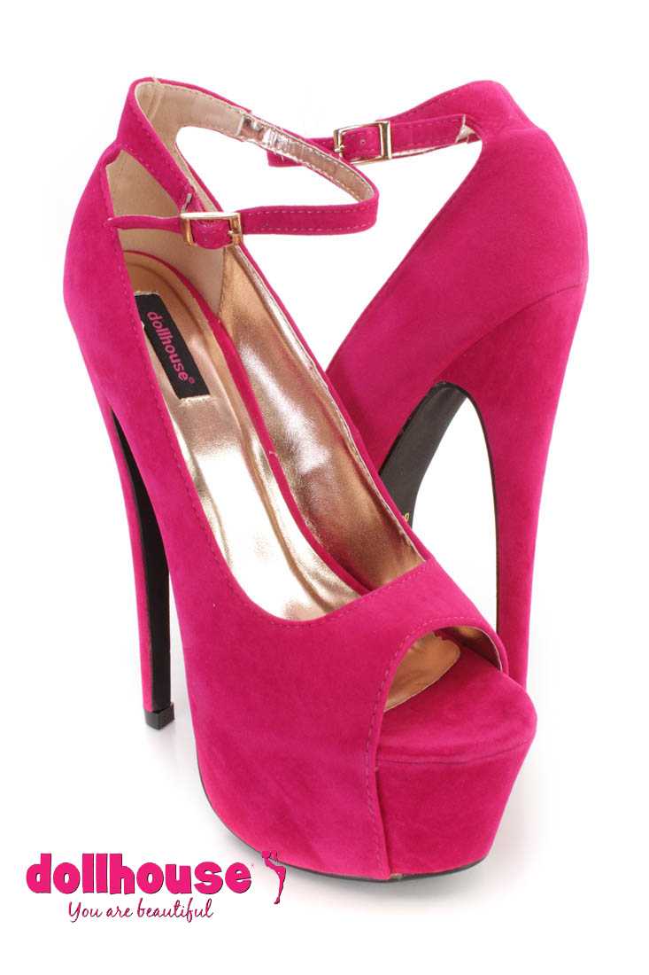 Hot Pink Ankle Strap Peep Toe 6 Inch High Heels Faux Suede