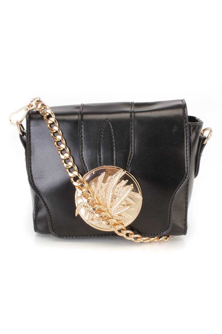 Black Faux Leather High Polish Leaf Accent Mini Handbag