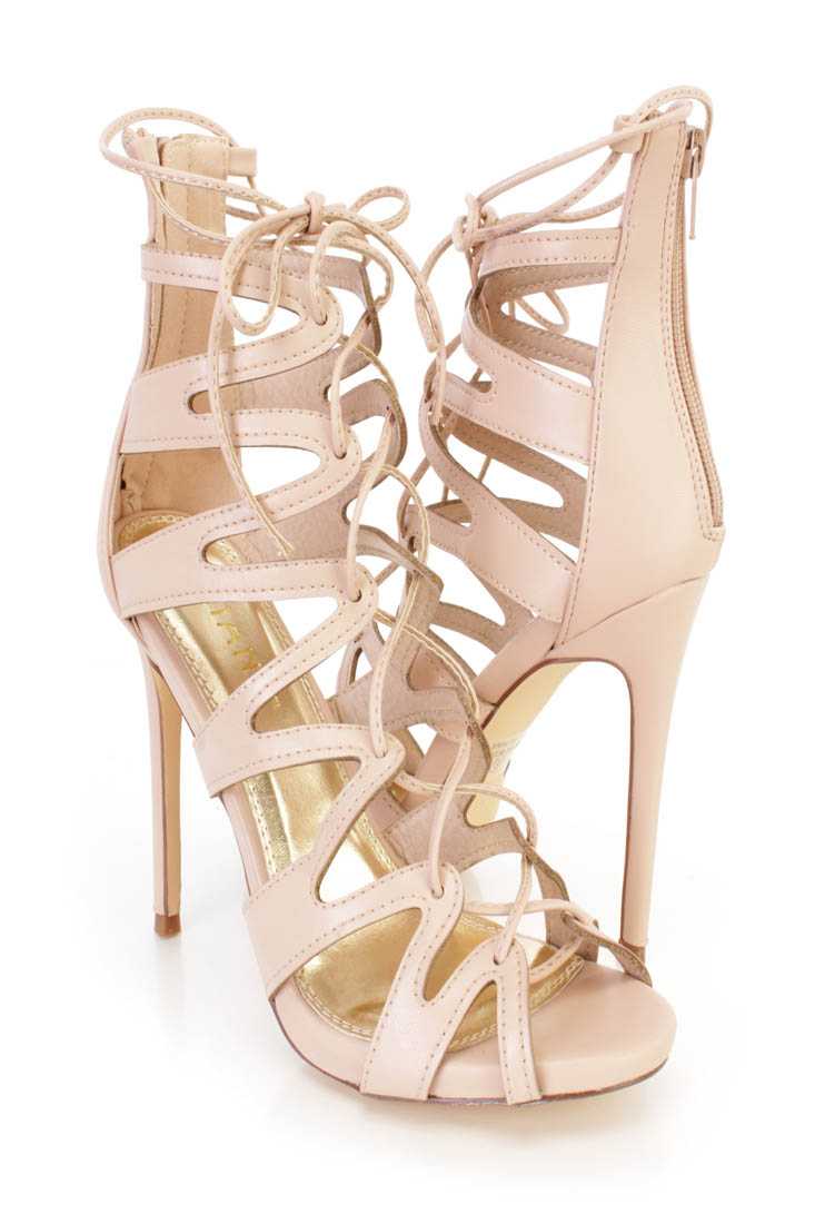 Nude String Tie Lace Up Single Sole High Heels Faux Leather