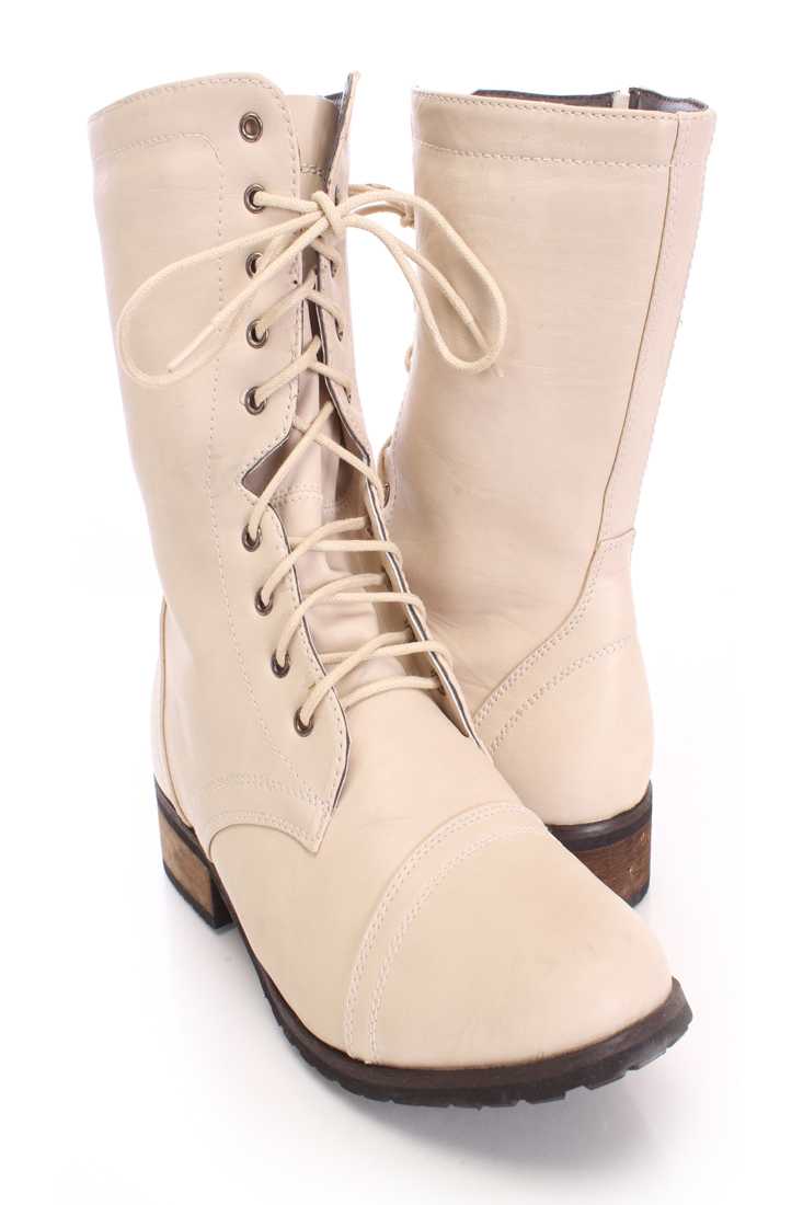 Off White Faux Leather Lace Up Combat Boots