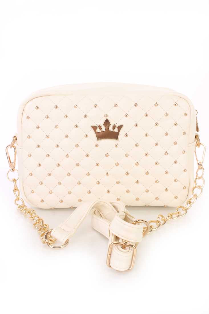 Ivory High Polish Crown Accent Studded Textured Handbag