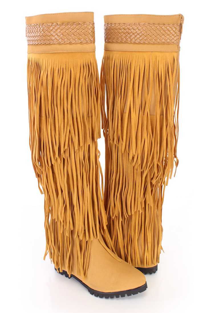Camel Fringe Tiered Shaft Wedge Boots Nubuck