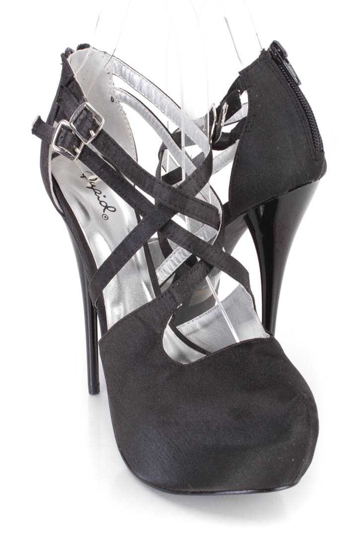 Black Cross Strappy Platform High Heels Satin