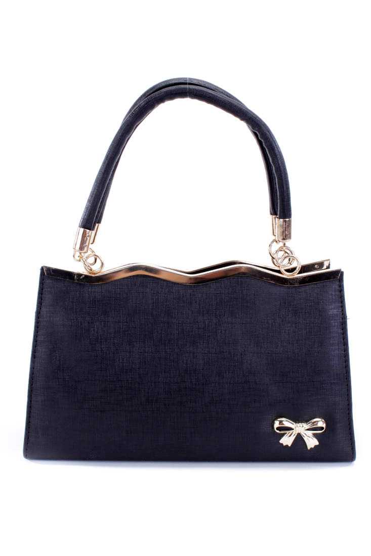 Black High Polish Metal Accent Faux Leather Handbag