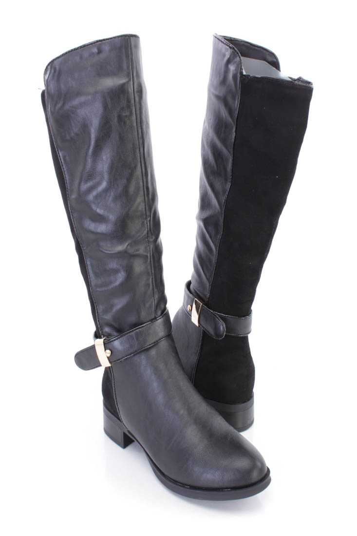Black Knee High Riding Boots Faux Leather Suede