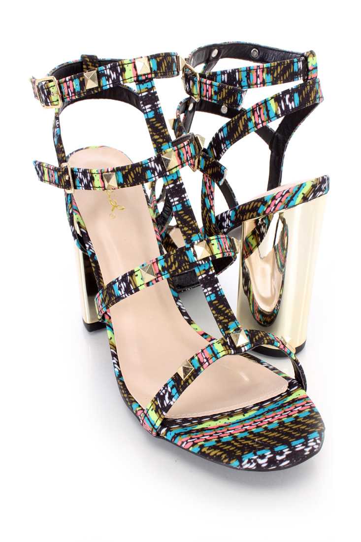 Black Multi Studded Strappy Single Sole Chunky Heels Fabric