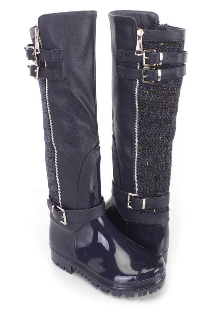 Navy Strappy Rain Boots PVC Faux Leather Tweed
