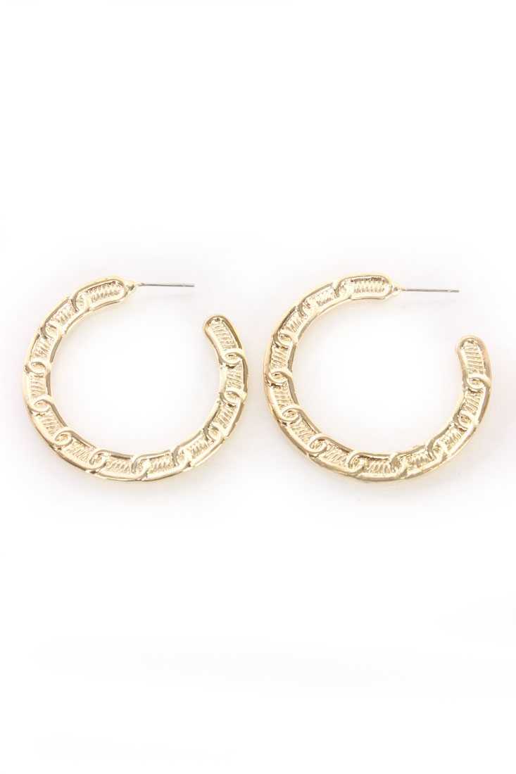 Gold High Polish Textured Open Hoop Earrings