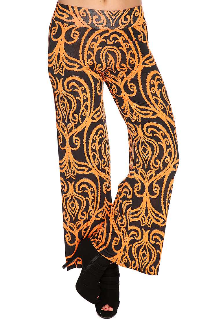 Black Orange Printed Pattern Gaucho Pants