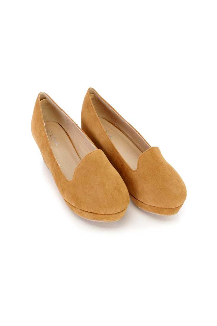 Tan Closed Toe Loafer Style Kiddie Wedges Faux Suede