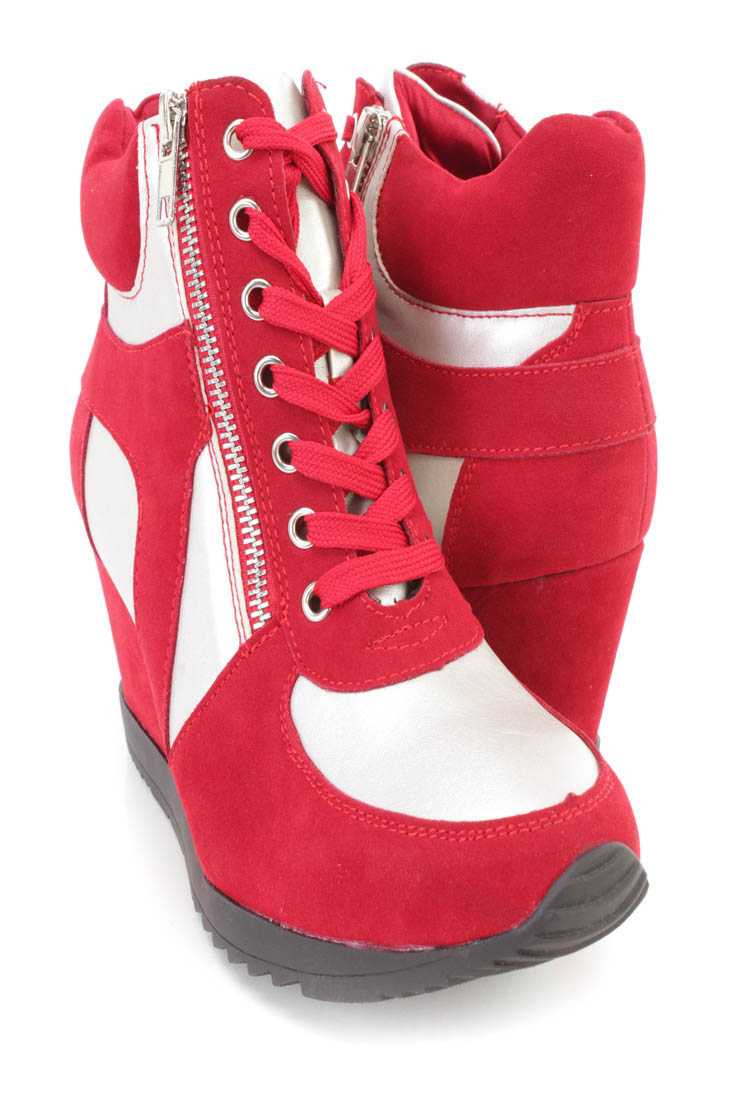 Red Silver Lace Up Sneaker Wedges Faux Suede Leather