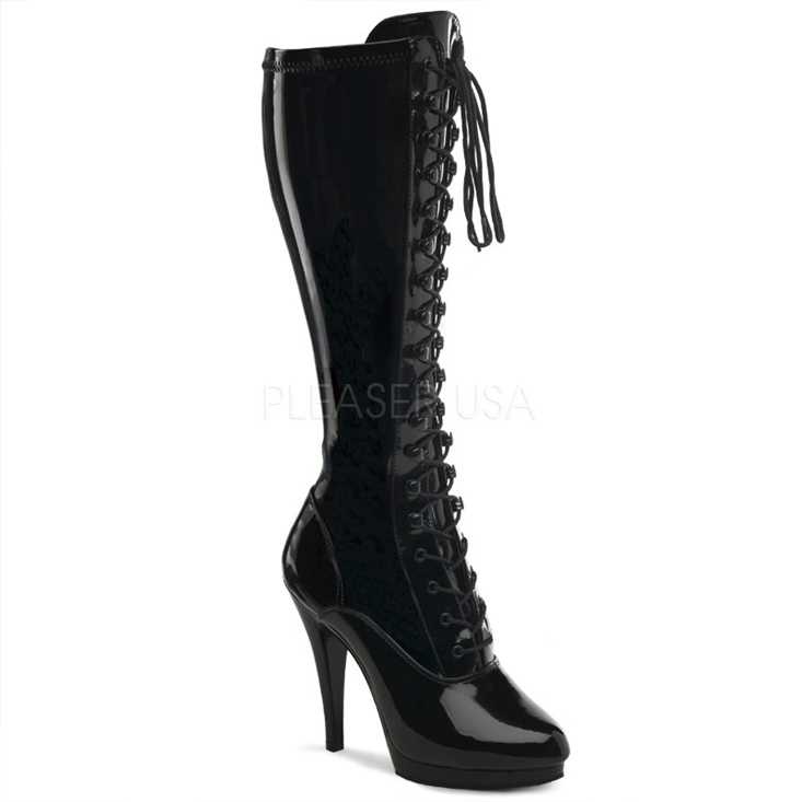 Black Lace Up Knee High Boots Patent Faux Leather
