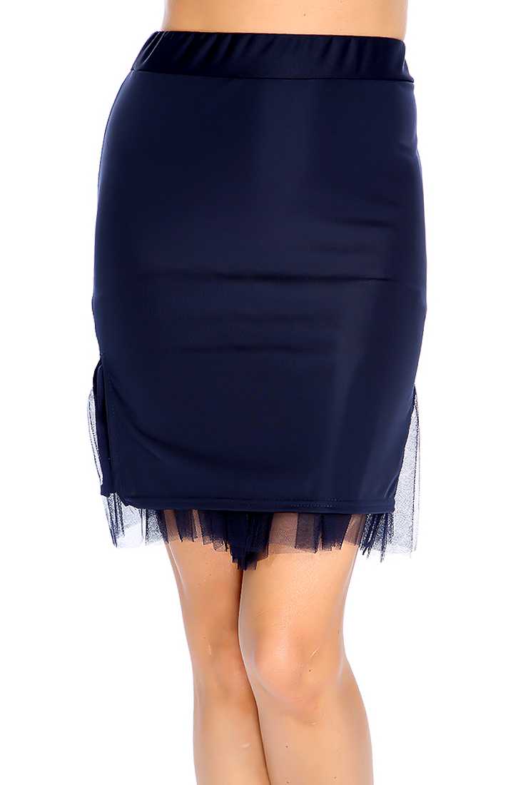 Navy Side Slit Tulle Underlining Pencil Skirt