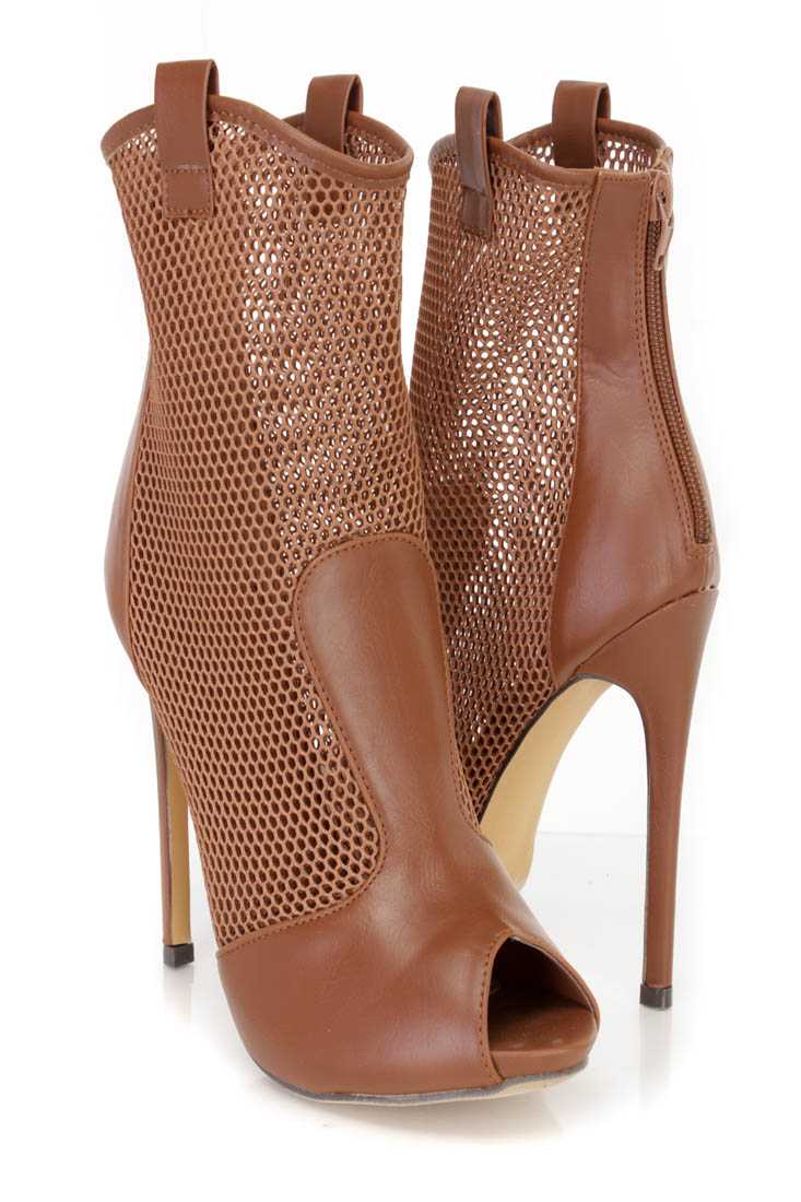 Cognac Netted Peep Toe Stiletto Booties Faux Leather