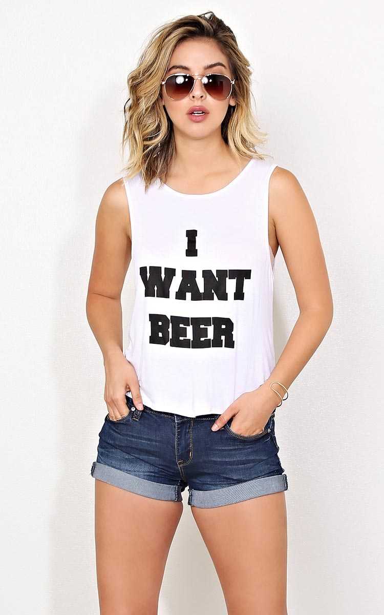I WANT BEER Knit Tank - SML - White in Size Small by Styles For Less