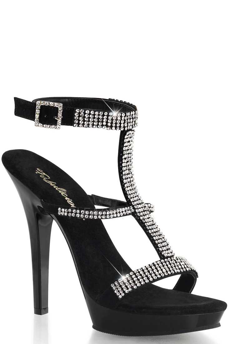 Black Rhinestone T Strap High Heels Velvet Faux Suede