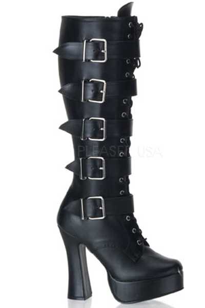 Black Faux Leather Buckle Straps Platform Knee High Boots