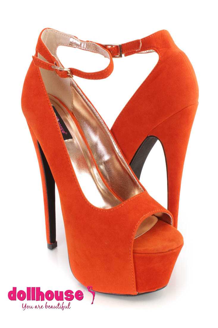 Orange Ankle Strap Peep Toe 6 Inch High Heels Faux Suede