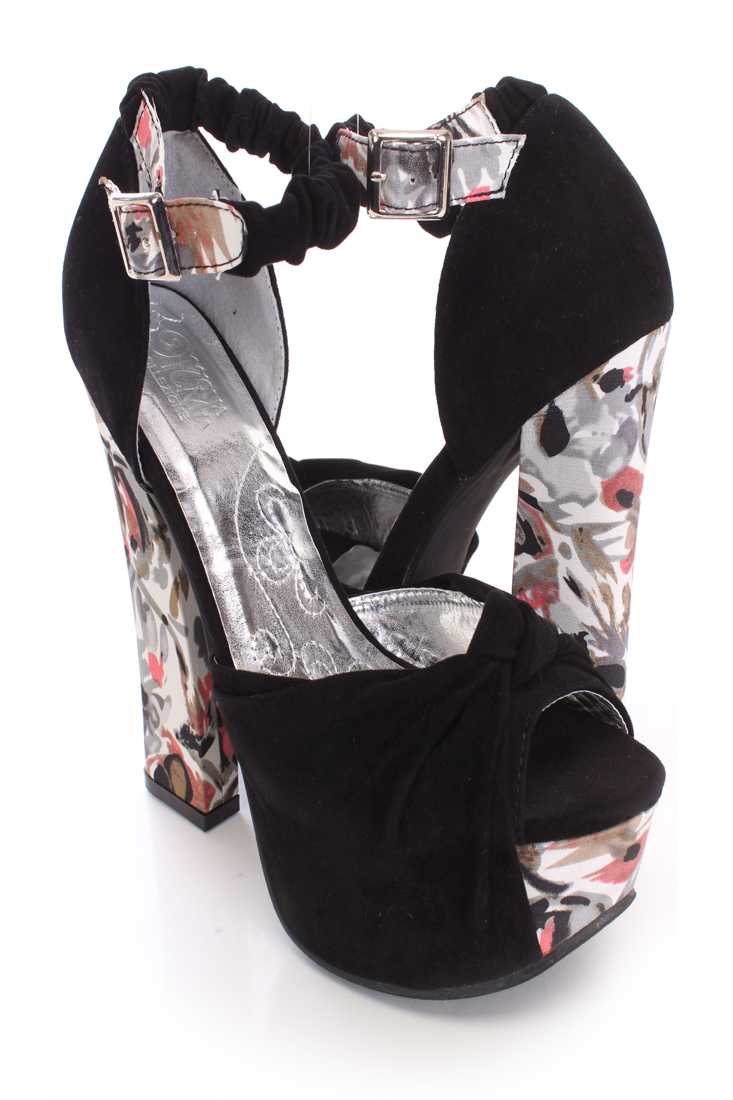 Black Watercolor Print Peep Toe Heels Faux Suede