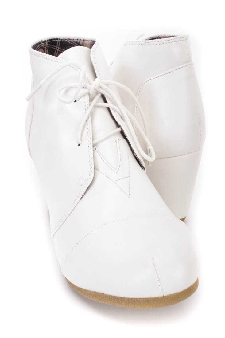 White Lace Up Wedge Ankle Booties Faux Leather