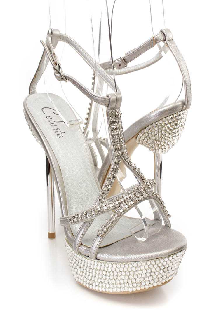 Silver Rhinestone Strappy Platform High Heels Faux Leather