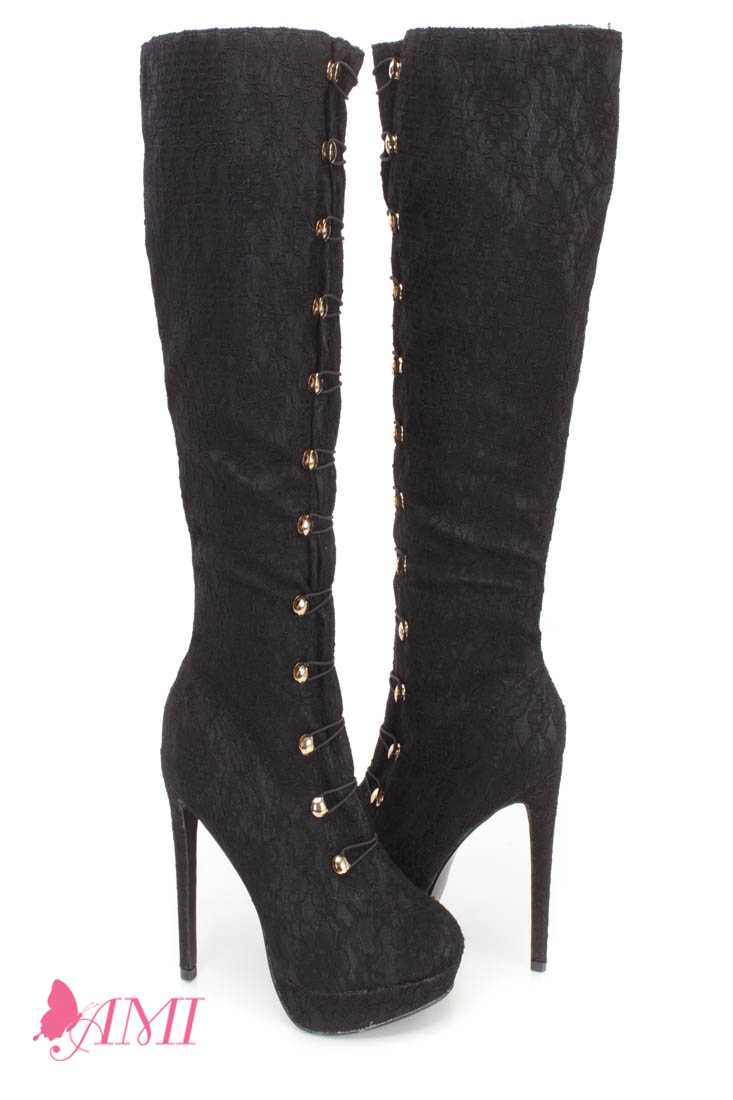 Black Hook Loop High Heel Boots Lace