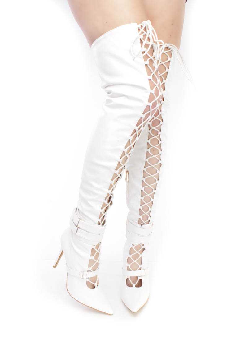 White Lace Up Single Sole High Heel Thigh High Boots Faux Leather