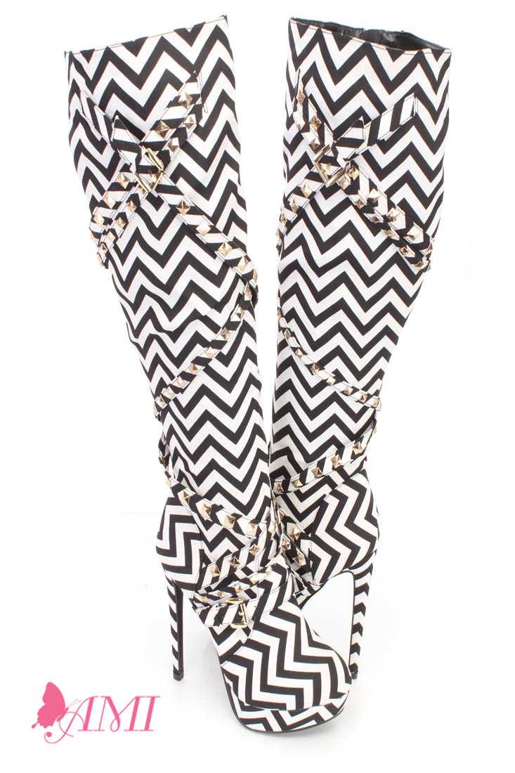 Black White Chevron Studded Strappy High Heel Boots Fabric