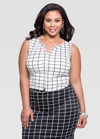 Windowpane Zip Front Crop Top