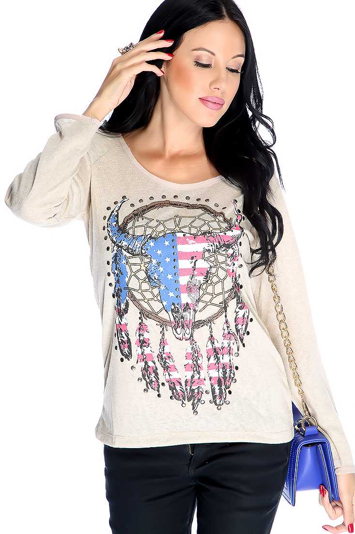 Beige Long Sleeve Graphic Print Studded Casual Top