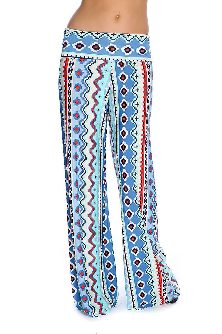 Slate Aqua Tribal Print Wide Leg Cute Casual Pants