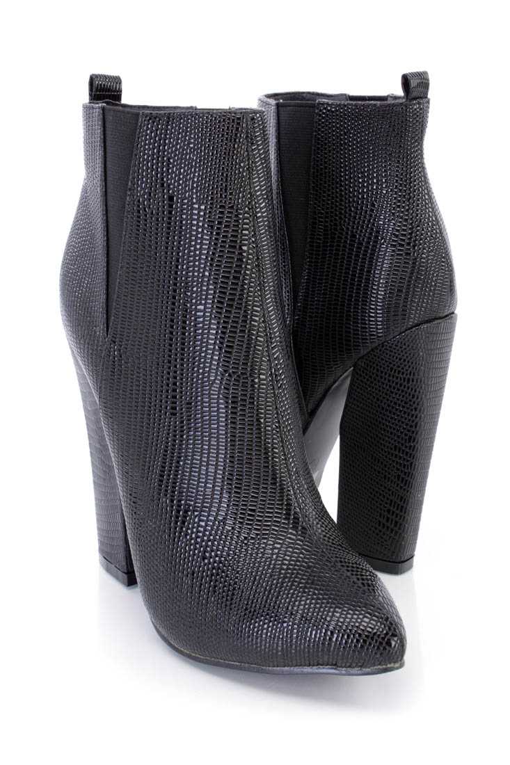 Black Snake Skin Textured Ankle Booties Faux Leather